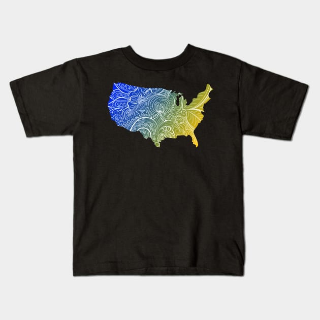 Colorful mandala art map of the United States of America in blue and yellow Kids T-Shirt by Happy Citizen